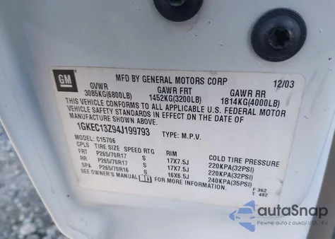 2004 GMC Yukon Slt из США, поврежденный, VIN 1GKEC13Z94J199793